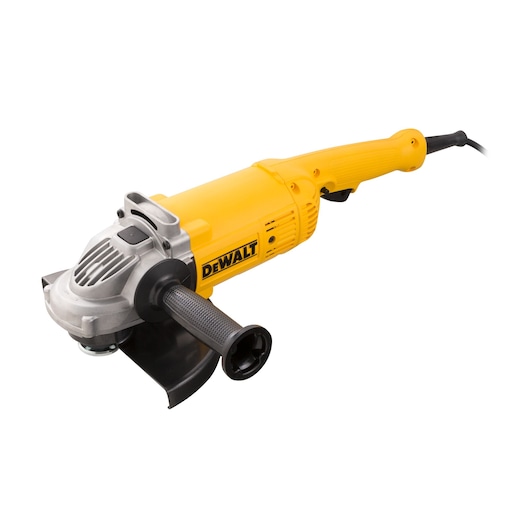 A yellow DEWALT electric angle grinder with a black handle and guard, shown against a white background.