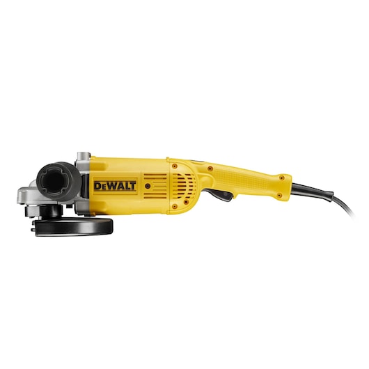 A DEWALT DWE490 electric angle grinder with a yellow body and black accents, shown in a side view with a power cord attached.
