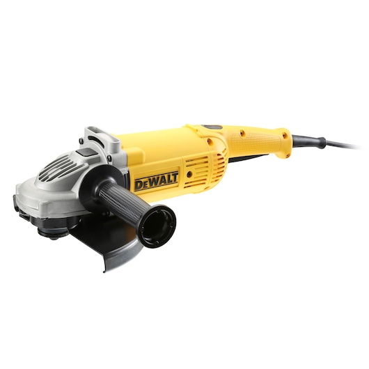 Yellow DEWALT DWE492S angle grinder with side handle and power cord on white background.