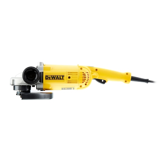 Yellow DEWALT angle grinder with side handle, power cable, and protective guard, shown on a white background.