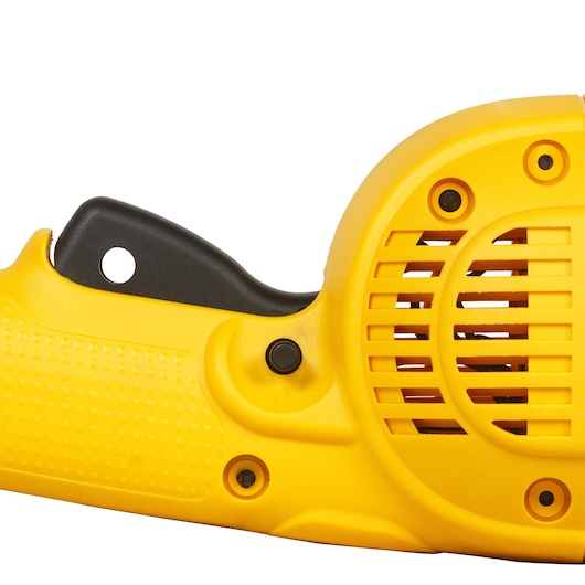 Close-up view of the handle and vented housing of a yellow DEWALT power tool, showing the textured grip and black trigger.