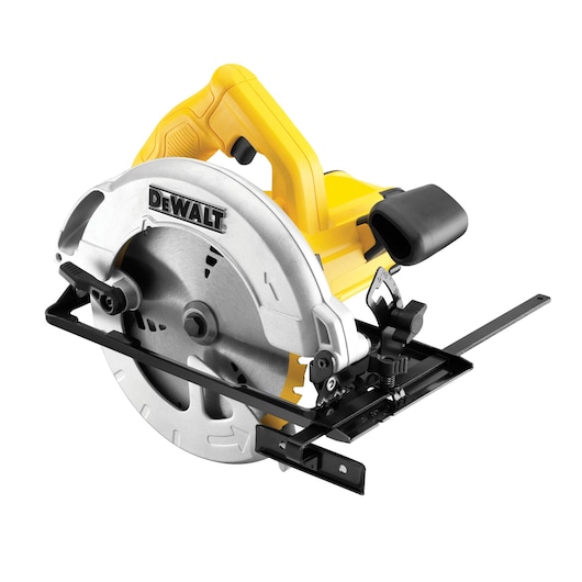 A DEWALT DWE560K circular saw with a yellow handle and silver blade, shown on a white background.