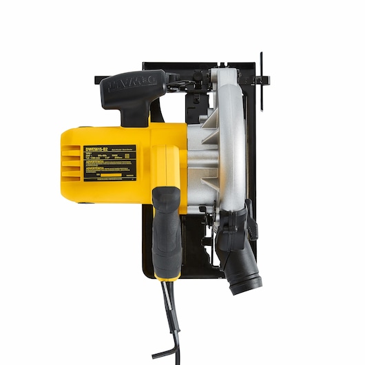 Top view of a DEWALT DWE5615 yellow and black corded circular saw with visible label and handle.