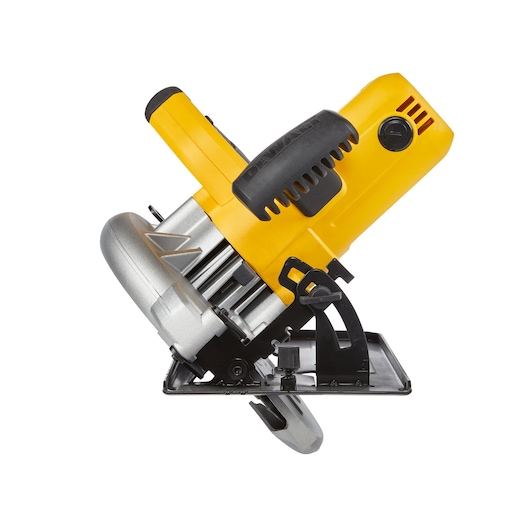 A close-up image of a DEWALT DWE5615 yellow and black circular saw, displayed on a white background.