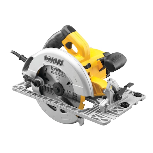 A DEWALT corded circular saw with a silver blade guard and yellow and black handle, model DWE576K, designed for construction and framing tasks.