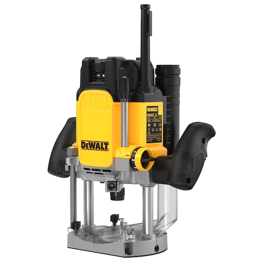 A DEWALT branded plunge router with a yellow and black body, ergonomic handles, and metal base, used for woodworking and precision cutting.