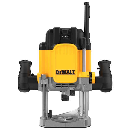Front view of a DEWALT plunge router power tool with a yellow and black body, two black handles, and visible depth adjustment mechanism.