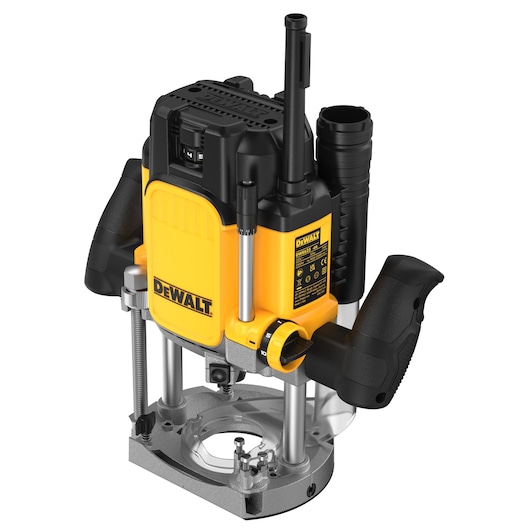 A DEWALT DWE625KT plunge router power tool in yellow and black, designed for woodworking and carpentry tasks, shown with dual handles and a clear base plate.