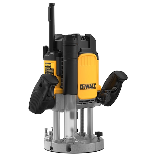 DEWALT DWE625KT plunge router tool with yellow and black casing, ergonomic handles, and a metal base.