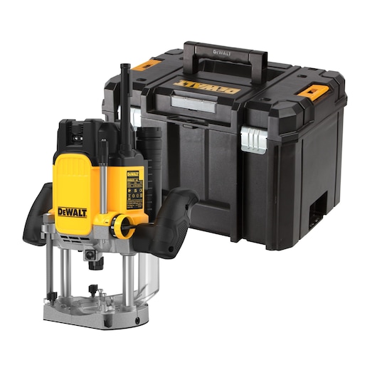 A DEWALT plunge router with yellow and black housing is shown in the foreground. Behind it, there is a sturdy black DEWALT storage case with a handle, silver latches, and yellow accents.