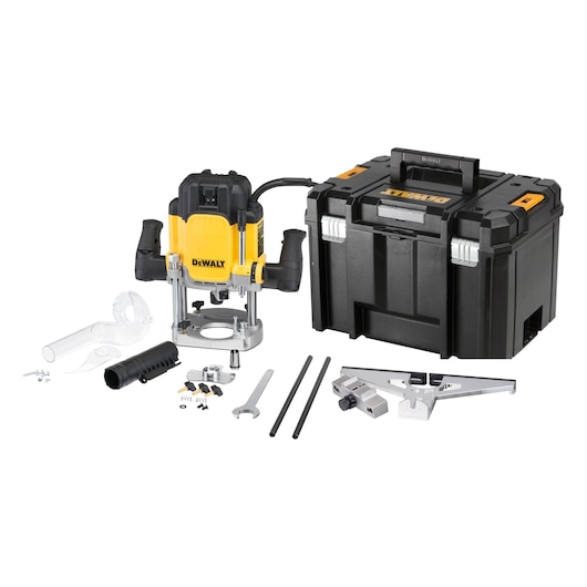 DEWALT router kit including a yellow and black plunge router, a black hard carrying case, various accessories such as a wrench, rods, guide, dust extraction attachments, and small hardware parts, all displayed on a white background.