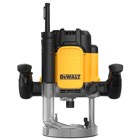 A front view of a DEWALT DWE625 plunge router, showing its yellow and black housing, two ergonomic handles, and a clear base. The tool is designed for woodworking and precise cutting tasks.