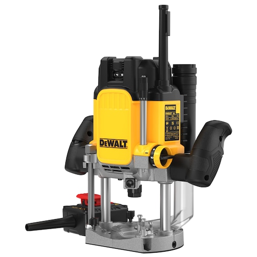 A DEWALT DWE627KT plunge router tool with yellow and black body, adjustable handles, and base for woodworking applications.