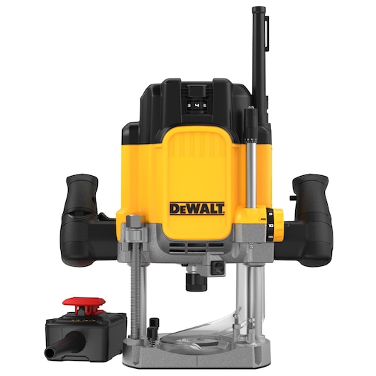 A DEWALT plunge router power tool with yellow and black casing, two handles, and a detachable accessory, designed for precise woodworking tasks.