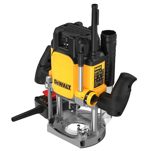 DEWALT DWE627KT plunge router, shown in close-up. The machine has a yellow and black body with metal and plastic components. It features ergonomic handles, depth adjustment mechanisms, and a clear base for precise woodworking tasks.