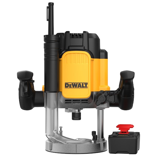A DEWALT plunge router with yellow and black casing, featuring two black handles, a transparent base, and a battery pack placed beside it on a white background.