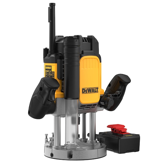 A DEWALT plunge router with two ergonomic handles and a detachable component laying beside it. The router features a yellow and black design, and is intended for woodworking tasks.