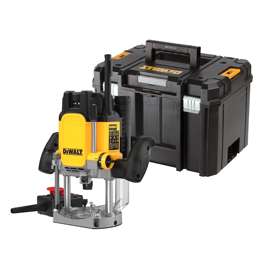 A DEWALT plunge router with yellow and black body is shown in front of a sturdy black carrying case. The router has ergonomic handles and is designed for woodworking tasks.