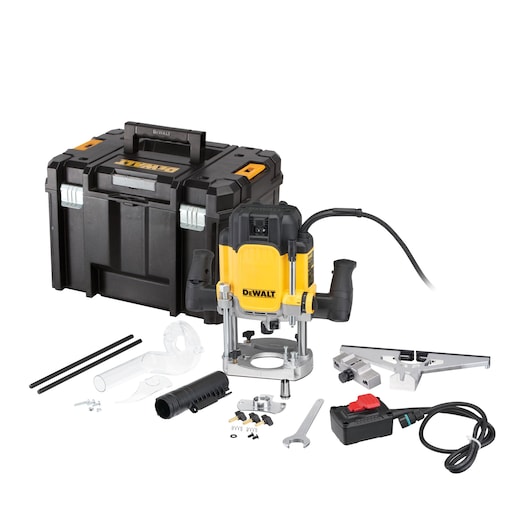 A DEWALT router kit including a yellow and black router tool, a large black storage case, power cord, wrench, guide rods, clear dust extraction attachments, mechanical parts, and accessories arranged on a white surface.