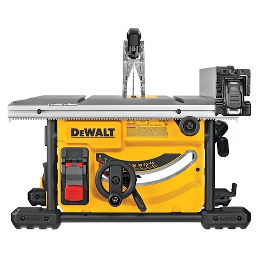 Front view of a DEWALT table saw, model DWE7485WS, featuring a yellow base, adjustment knobs, an on/off switch, and a silver cutting top with guard. The brand logo is visible on the front.