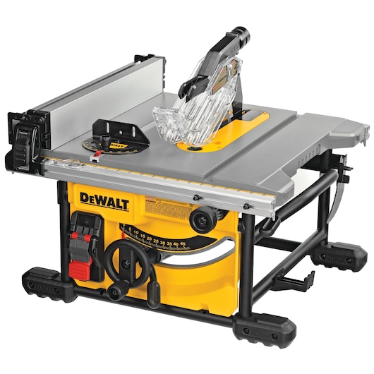 A DEWALT table saw with a yellow and black base, featuring a protective blade guard, adjustment knobs, and metal legs. The table surface is gray with measuring guides and fence attachments.