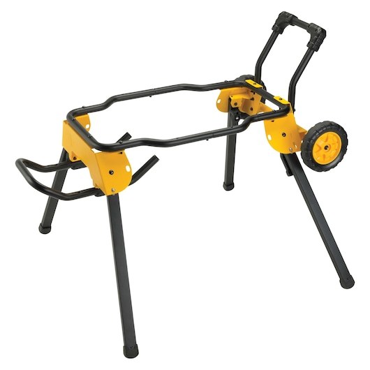 A DEWALT rolling table saw stand with yellow brackets, black metal frame, and large wheels for portability, designed to support and transport a table saw.