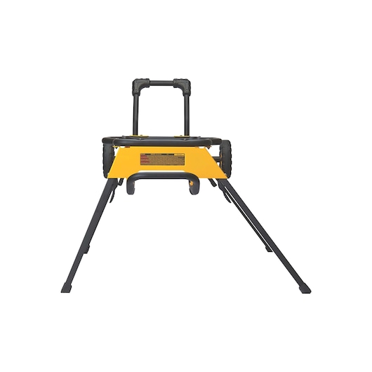 Front view of a DEWALT rolling stand with yellow and black color, designed to support portable tools. The stand has two wheels and foldable legs.