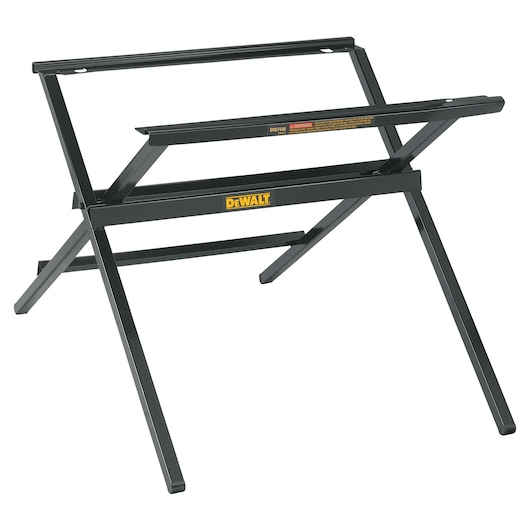 A black metal folding stand for a table saw, featuring the DEWALT logo on the front support bar.