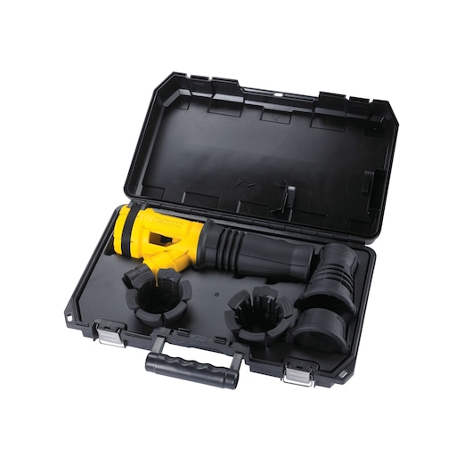 A DEWALT DWH051 tool kit in a black carrying case, featuring a yellow and black tool with multiple attachments and holders inside the case.