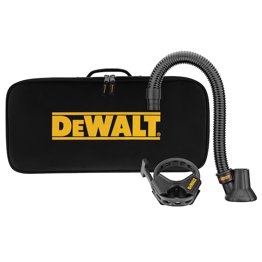 DEWALT dust extraction accessory kit, including a black carrying case with yellow DEWALT logo, flexible hose, attachment for power tools, and connector adaptor.