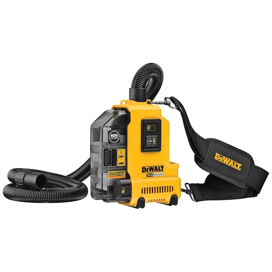 A DEWALT portable dust extractor with a HEPA filter, flexible hose, and shoulder strap. The device is yellow and black and features branding and control buttons on the front.