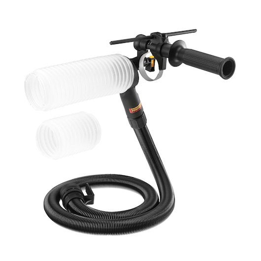 DEWALT dust extraction attachment with black flexible hose, handle, and clear accordion-style nozzle. Includes an extra clear nozzle extension.
