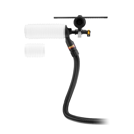 DEWALT DWH201D dust extraction attachment featuring a flexible hose and clear plastic nozzle, shown with an additional smaller nozzle, designed for use with drills.