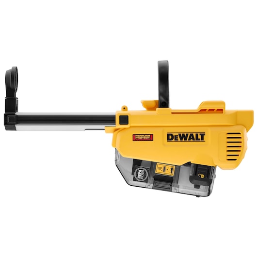 DEWALT yellow dust extractor attachment for drills, model DWH205DH, shown on a white background.