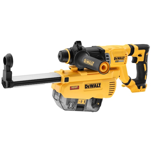 DEWALT DWH205DH yellow dust extraction system for rotary hammer drills, featuring a clear dust chamber.