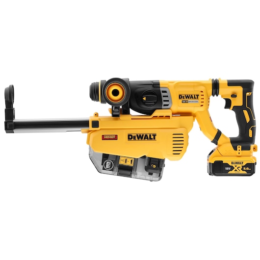 Yellow DEWALT cordless rotary hammer drill with a battery pack and dust collector attachment.