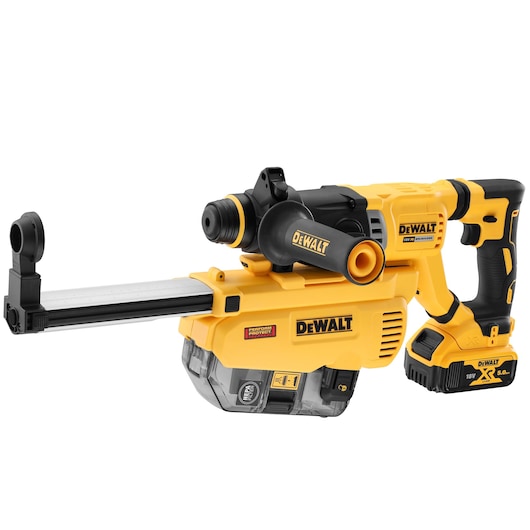 Yellow DEWALT cordless rotary hammer drill with dust extractor attachment and 18V battery.