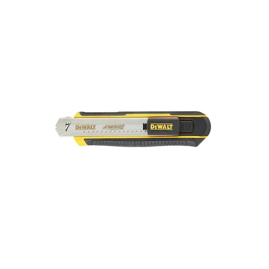 A DEWALT utility knife with a retractable segmented blade, featuring a black and yellow handle and DEWALT branding.