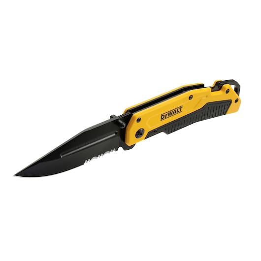A DEWALT folding utility knife with a partially serrated black blade and a yellow and black handle, shown open against a white background.
