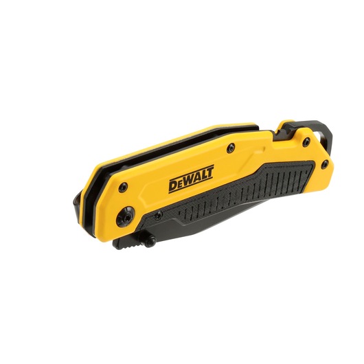 Closed DEWALT utility knife with yellow and black design, compact and sturdy for tool use.