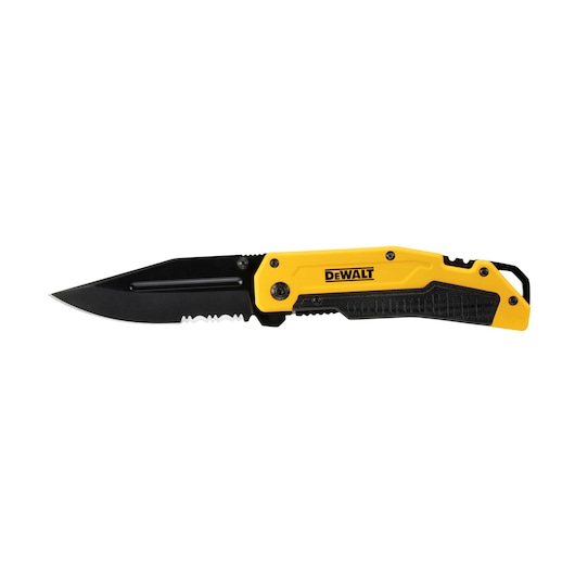 DEWALT folding pocket knife with black blade and yellow-black handle, partially serrated edge.