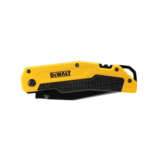 DEWALT folding utility knife with yellow and black handle, shown closed against a white background.