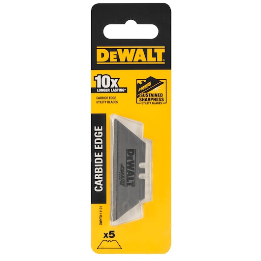 DEWALT carbide edge utility blades pack DWHT0-11131, 5 blades, yellow and black packaging.