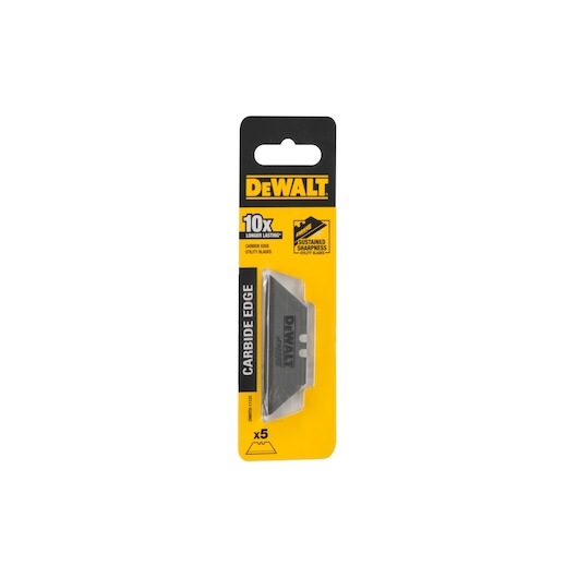 DEWALT carbide edge utility blades pack of 5 in yellow and black packaging for longer lasting sharpness.