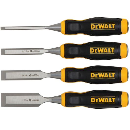 Set of four DEWALT woodworking chisels with black and yellow handles, each chisel having different blade widths.