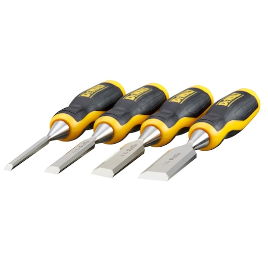 Set of four DEWALT woodworking chisels with black and yellow handles, displayed side by side on a white background.