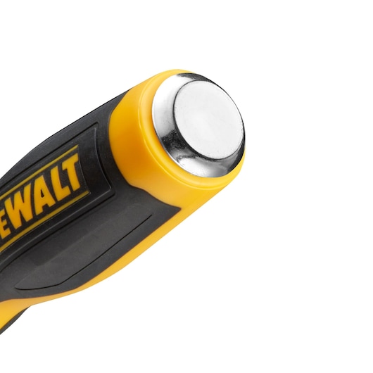 Close-up of a DEWALT tool handle with a yellow and black grip and a shiny metal end.
