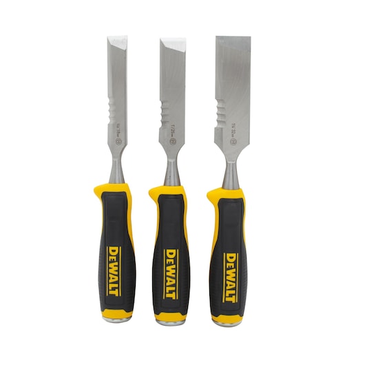 Three DEWALT wood chisels with black and yellow handles, each with a different blade size, shown upright.