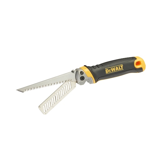 DEWALT folding saw with two blades, black and yellow handle, designed for cutting and utility tasks.