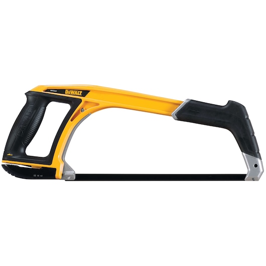 A DEWALT hacksaw with a yellow and black frame, ergonomic handle, and exposed blade, designed for cutting metal and other materials.